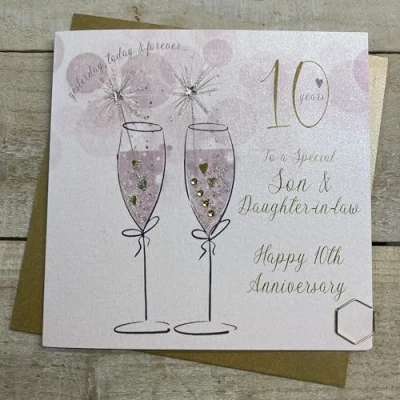 Image of WHITE COTTON CARDS 10TH SON &amp; DAUGHTER IN LAW FLUTES SPARKLERS ANNIVERSARY CARD, HAND FINISHED (DA10 SD)