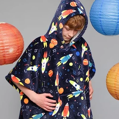 Image of Bedlam, kids, children, girls, boys poncho, fleece hoodie, wearable throw, Polyester, Supersonic Blue, 75 x 92.5cm