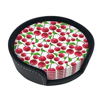 Image of Round Coasters, Red Cherries Printed,Mugs Pad Cups Mat Set of 6 Leather Drinks Coasters with Holder