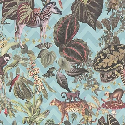 Image of Sample Blue Jungle Wallpaper Textured Animal Tropical Vinyl Green