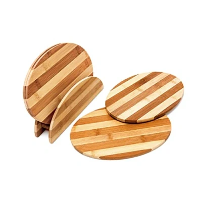 Image of Relaxdays Set of 4 Oval Bamboo Chopping Boards with Stand, HxWxD: 0.5 x 25 18 cm, Striped, Easy to Clean, Brown