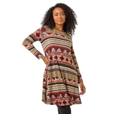 Image of Roman Originals Tunic Dress with Pockets for Women UK Ladies Swing Fit &amp; Flare Skater Slouch Stretchy Casual Smart Winter Jersey Pull On Relaxed Work Office 3/4 Long Sleeves Petite Orange Size 16