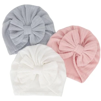Image of DRESHOW Newborn Baby Hat Soft Stretchy Turban Hats with Bow Infant Girls Boys Nursery Hospital Cap Beanie for Toddlers 3 Pack
