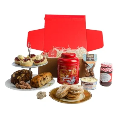 Image of Afternoon Tea Hamper British Gift Sweat &amp; Savoury Treats Includes Scones, Clotted Cream, Strawberry Jam, Biscuits, Teabags, Dundee Cake, Caddy, Fudge, Plum Bread Butter Food Gifts