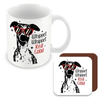 Image of MUGGZ Mug &amp; Coaster Gift for Whippet Dog Owner Real Good. Giftset Made in The UK