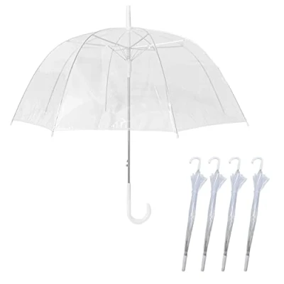 Image of 4 Pack Set Rain Umbrellas Dome Birdcage Transparent Wedding Brolly Clear Bubble White Handle And Spike Walking Ladies Mens Unisex Party Parasol Bridesmaid Bridal Fashion See Through PVC