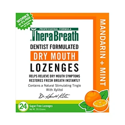 Image of TheraBreath Dry Mouth Lozenges Mandarin Mint Flavor Soothes Symptoms Certified Kosher Sugar Free Dentist Formulated 24 Count