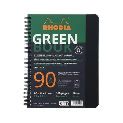 Image of RHODIA 119915C 100% Recycled and Recyclable Greenbook Notebook Black A5+ Lined 160 pages 6 hole punched Clairefontaine Paper 90g Fsc® Polypro Cover