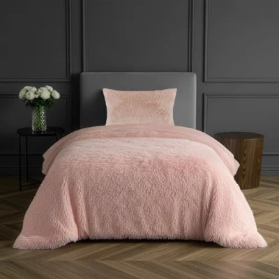 Image of Sleepdown Fleece Luxury Long Pile Faux Fur Blush Pink Super Soft Easy Care Duvet Cover Quilt Bedding Set with Pillowcase Single (135cm x 200cm)