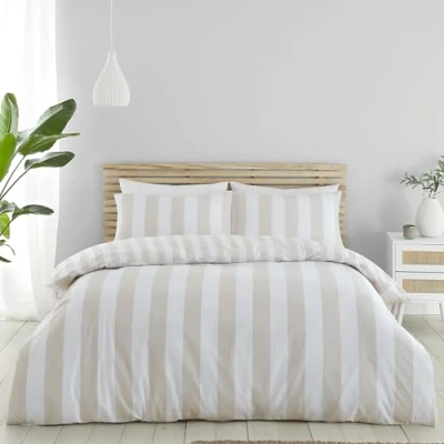 Image of Catherine Lansfield Cove Stripe Reversible Double Duvet Cover Set with Pillowcases Natural