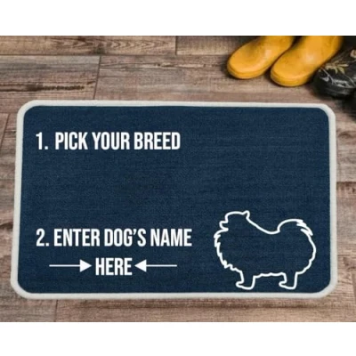 Image of Pet REBELLION Extra Large Personalised Absorbent Machine Washable Food Mat For Dogs Feeding Bowls Non Slip Reduces Movement Rounded Corners to Stay Flat (Pomeranian Blue)