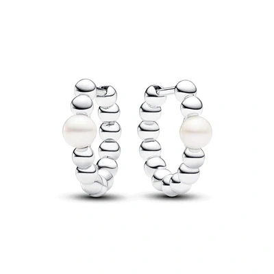 Image of Pandora Timeless Beaded sterling silver hoop earrings with white treated freshwater cultured pearl