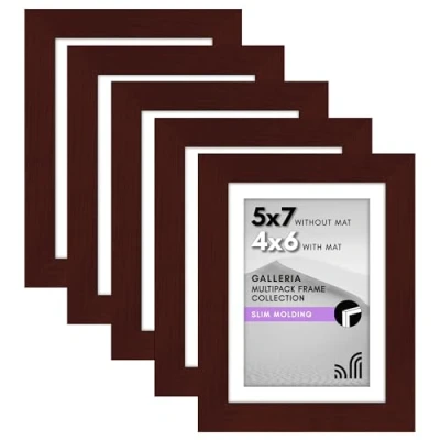 Image of Americanflat 5x7 Picture Frame with Polished Plexiglass Set of 5 Use as 4x6 Mat or Without Galleria Collection Gallery Frames for Tabletop and Wall Display Mahogany