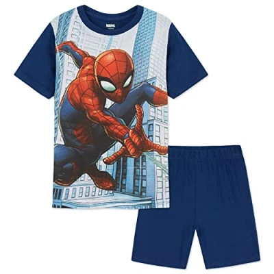 Image of Marvel Boys Pyjamas for Kids Teenagers T Shirt Short PJs Cotton Avengers Black Panther Captain America Spiderman Summer Gifts (Blue Spiderman, 9 10 Years)