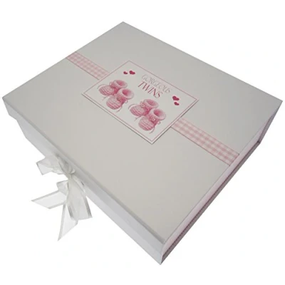 Image of White Cotton Cards Gorgeous Twins, Large Keepsake Box, Pink Booties