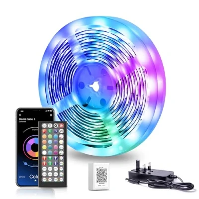 Image of PEBZQCIK LED Strip Light 5M, RGB Music Sync Colour Changing Lights for Bedroom, with Bluetooth App &amp; Remote Control Bedroom Kids Room Ceiling Kitchen Party