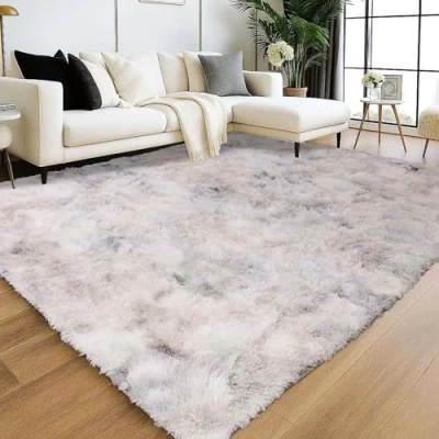 Image of Oxford Homeware Rugs Living Room 120 x 170 CM Tie Dye Light Grey Area for Bedroom Large Non Slip Modern Super Soft Plush Carpets Fluffy Shaggy Rug Lounge Shedding Bedside