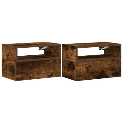 Image of vidaXL wall mounted bedside cabinets smoked oak engineered wood floating nightstand with drawer modern bedroom shelf 45x26x28.5 cm