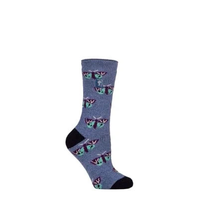 Image of Women&#039;s 1 Pair SOCKSHOP Heat Holders 1.6 TOG Lite RHS The Royal Horticultural Society Thermal Socks Butterflies Denim 4 8