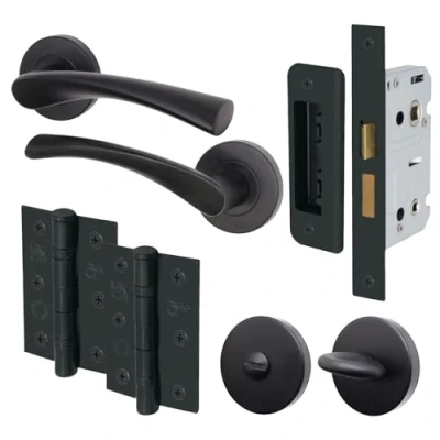 Image of EAI Black Bathroom Door Handle Set Round Internal Handles, Thumb Turn &amp; Release Set, Lock (80mm) Hinges (76mm) Matt Novoli Range