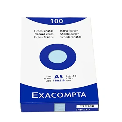 Image of Exacompta Ref 13318B Bristol Plain Record Cards (Pack of 100) A5 in Size, 205gsm Card, Compatible with Printers Suitable for Exam Revision &amp; Notes Blue