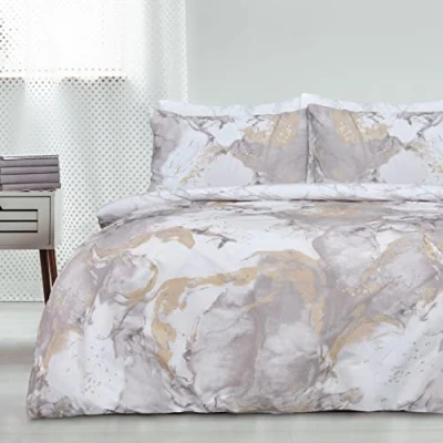 Image of Sleepdown Metallic Marble Sparkle Glitz Natural Gold Reversible Soft Easy Care Duvet Cover Quilt Bedding Set with Pillowcases Double (200cm x 200cm)