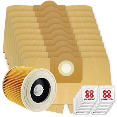 Image of SPARES2GO High Filtration Large Bags + Filter Cartridge for Karcher WD3 WD3P MV3 Wet &amp; Dry Vacuum Cleaner (Pack of 10 Fresheners)