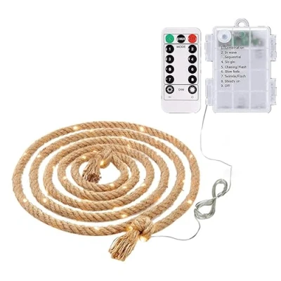 Image of Battery Powered Jute Rope Lights, 10M 200 LED Waterproof Light, Lights Outdoor Indoor, Lighting for Patio, Pool, Bedroom, Living room, Landscape and Christmas Tree Decorations