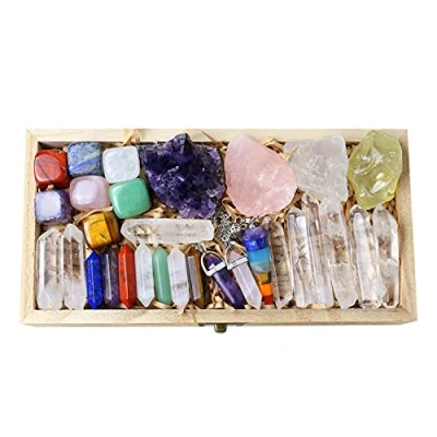 Image of Nvzi Healing Crystals Kit in Wooden Box, Chakra Set, for Beginners, Meditation Accessories, Cristal Stone, Amethyst Crystal, Raw and Gemstones, Spiritual Gifts Women