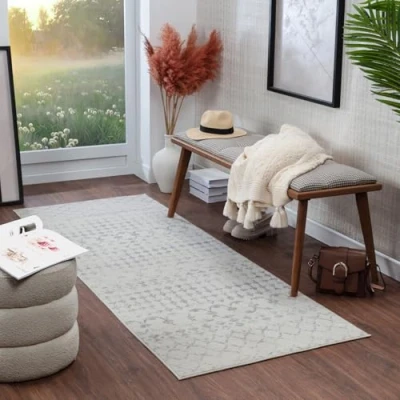 Image of Livabliss Santiago Geometric Rug Scandi Runner Rugs Living Room 80x220 cm, Hallway, Kitchen Neutral, Patterned Carpet Runners, Boho Style, Easy Care Large Rug, Ivory and Grey