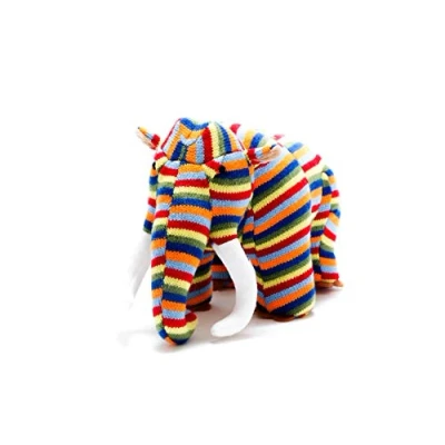 Image of Knitted Multi Striped Woolly Mammoth Dinosaur Soft Toy. Suitable from Birth