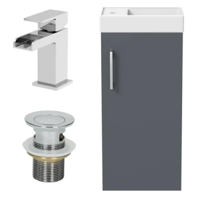 Image of AURORA® 400mm Freestanding Vanity Unit Furniture, Wash Basin Bathroom Sink with Mixer Tap, Soft Close Door, Storage Cabinet, Reversible, Grey Gloss