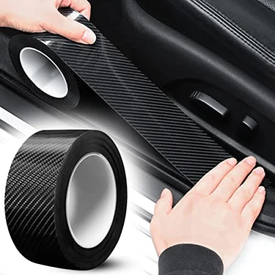 Image of Car Sill Protectors Strips Door Protector Black Carbon Fiber Wrap Film, Reducing Scuff, Universal Kick Plate Covers for Car/SUV/Truck (5CM*5M)