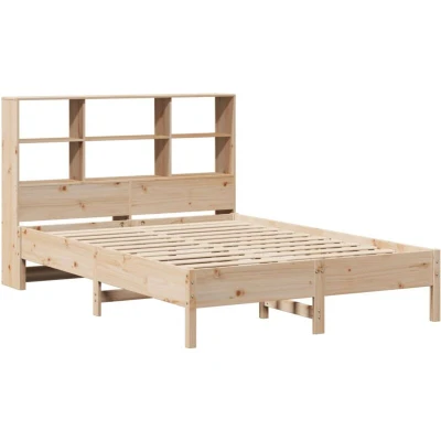 Image of vidaXL Bookcase Bed Storage Frame with Headboard and Shelves Pine Wood 140x190 cm Space Saving Slatted Base Brown