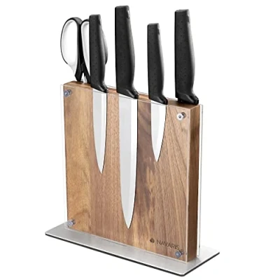 Image of Navaris Wood Magnetic Knife Block Double Sided Wooden Magnet Holder Board Stand for Kitchen Knives Utensils w/Acrylic Guard Acacia 22.3 x 22 cm