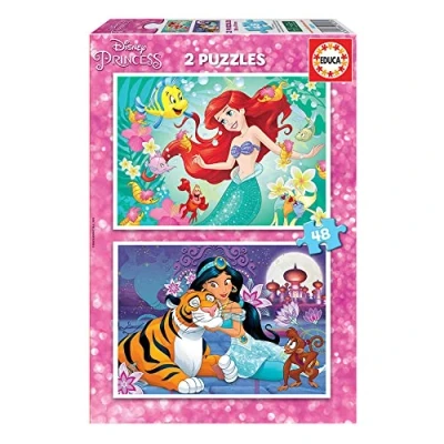 Image of Educa Disney Princess 18213, Jasmine, 2 x 48 Piece Puzzle for Children from 4, Ariel The Mermaid, Aladdin, Multicoloured, Standard Size