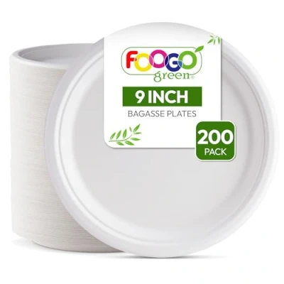 Image of FOOGO Green 200 Disposable Sugarcane Bagasse Plates, 9 inch (23 cm), Large Round Sturdy Paper Eco Friendly Biodegradable, Compostable Plates for Hot Food, Picnic Party