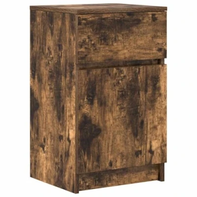 Image of vidaXL smoked oak bedside cabinet/nightstand engineered wood bedroom storage with reversible door, 39x35x65 cm, freestanding table