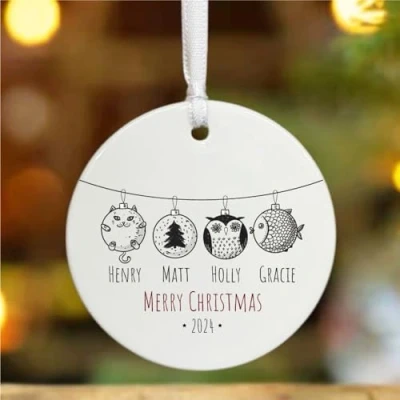 Image of Personalised Porcelain Family Names Christmas Bauble, Custom Characters Design, Ornament, Tree Decoration Gift