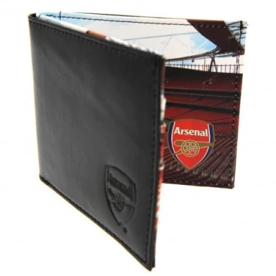 Image of Arsenal F.C. embossed leather wallet panoramic 801 crest stadium picture inside multiple card slots approx 11cm x 9cm in a gift box Official Football Merchandise
