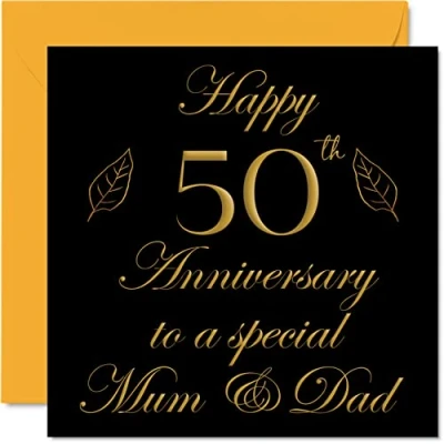 Image of Special Gold Anniversary Card for Dad Mum Parents &amp; Happy 50th Wedding Cards from Son Daughter Family, 145mm x Greeting Fiftieth Anniversaries