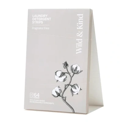 Image of Wild &amp; Kind Hypoallergenic Laundry Detergent Strips Sheets 64 loads Eco Ultra Concentrated Non Bio Fragrance Free Unscented for Machine and Hand Washing