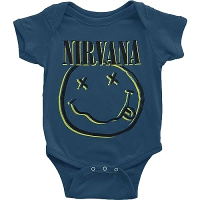 Image of Nirvana Baby Grow Inverse Smiley Band Logo New Official Navy Blue 0 To 24 Months, Blue, XS/0 3 Months