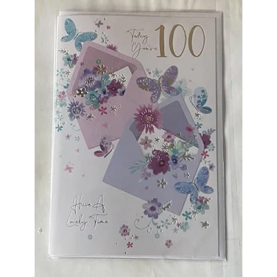 Image of Ladies Female Age 100 100th One Hundred Hundredth Today You&#039;re Have A Lovely Time Birthday Card Purple/Pink Envelopes/Butterflies/Flowers Foil Detail(SE29337)