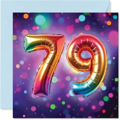 Image of 79th Birthday Cards for Women Men Rainbow Foil Balloon Happy Card 79 Year Old Woman Man Husband Uncle Grandad Sister, 145mm Bday Greeting
