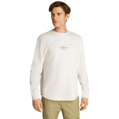Image of Calvin Klein Men’s Monologo Waffle Round Neck Sweatshirt, Off White (Ivory), 3XL