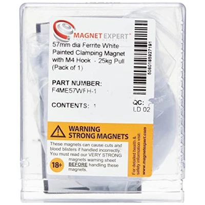 Image of Ferrite White Painted Clamping Magnet with M4 Hook for Hanging, Holding or Displaying Items 57mm dia 25kg Pull