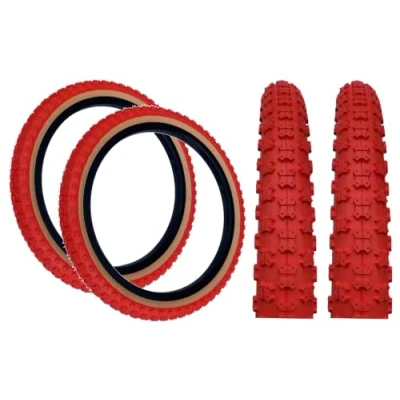Image of PAIR Baldy&#039;s 20 x 2.125 RED With TAN WALL Kids BMX/Mountain Bike Tyres