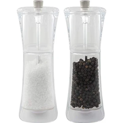 Image of Grunwerg SP 9175 Gmill 2 Piece Acrylic Salt and Pepper Mill Set with Ceramic Adjustable Grinder, 18cm, Clear