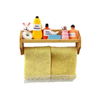 Image of Dolls House Yellow Toiletries &amp; Towels on Shelf Miniature Bathroom Accessory